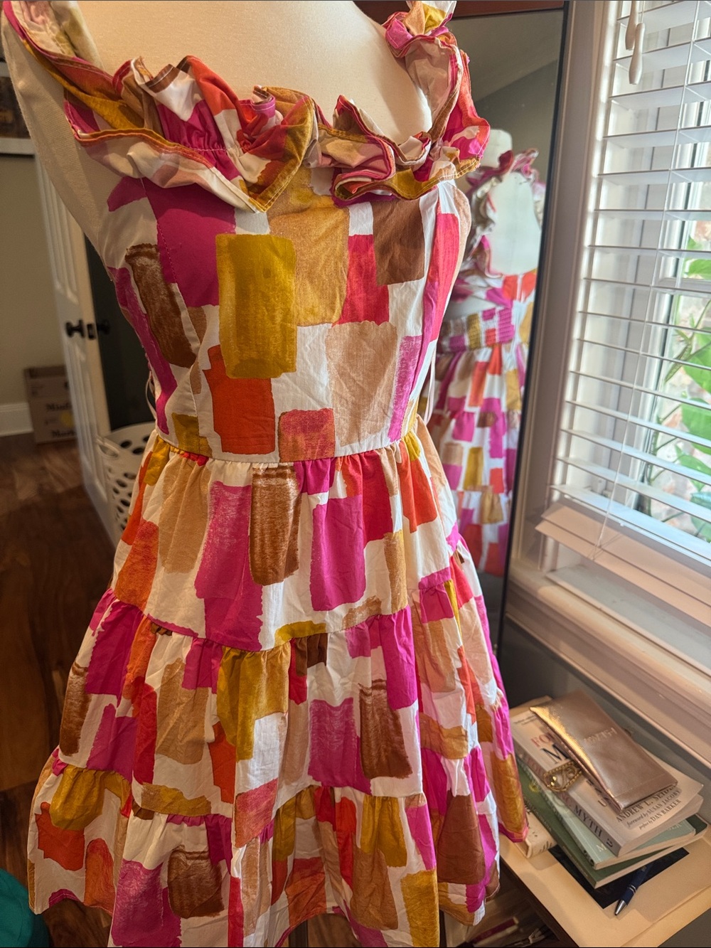 Peach Love California Pink, Gold & Brown Brushstroke Ruffle Tiered Dress